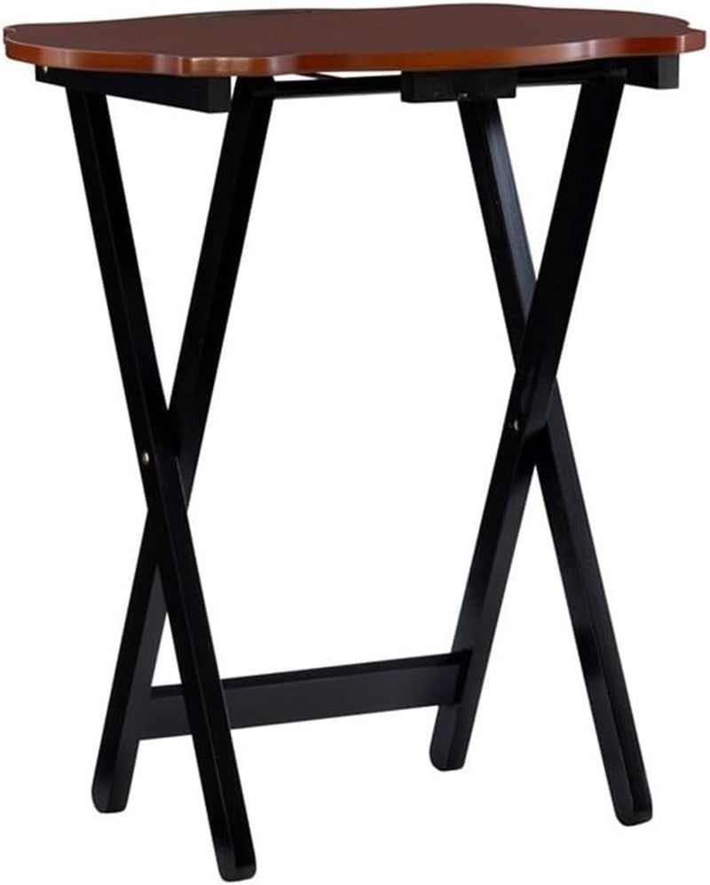 Traditional 5-Piece Okume Veneer and Solid Wood Tray Table Set with Base and Curvy Shaped Trays in Hazelnut and Black