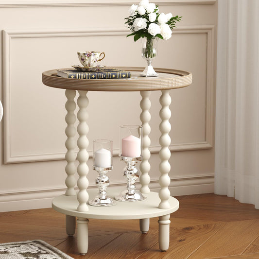 round End Table, Rustic Farmhouse Side Table with Storage Shelf, 2-Tier French Country Nightstand for Living Room Bedroom Small Space, Natural Tray Top and Vintage White Spindle Legs
