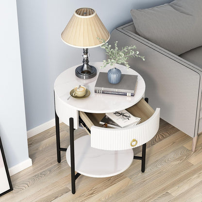 round End Table with Drawer, Modern 2 Tier Nightstand with Shelf, Small Side Table with Sintered Stone Tabletop for Living Room, Bedroom, Dorm, and Office, Marbling Natural Stone/White