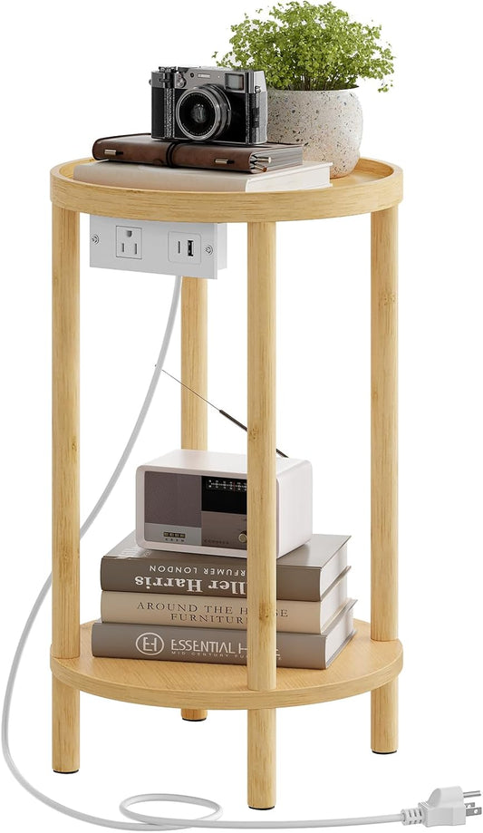 Set of 2 Small round Side Tables with Charging Station, 2-Tier round Bamboo End Tables, Easy Assembly, for Living Room, Bedroom, Apartment, Natural YL156UBZP201