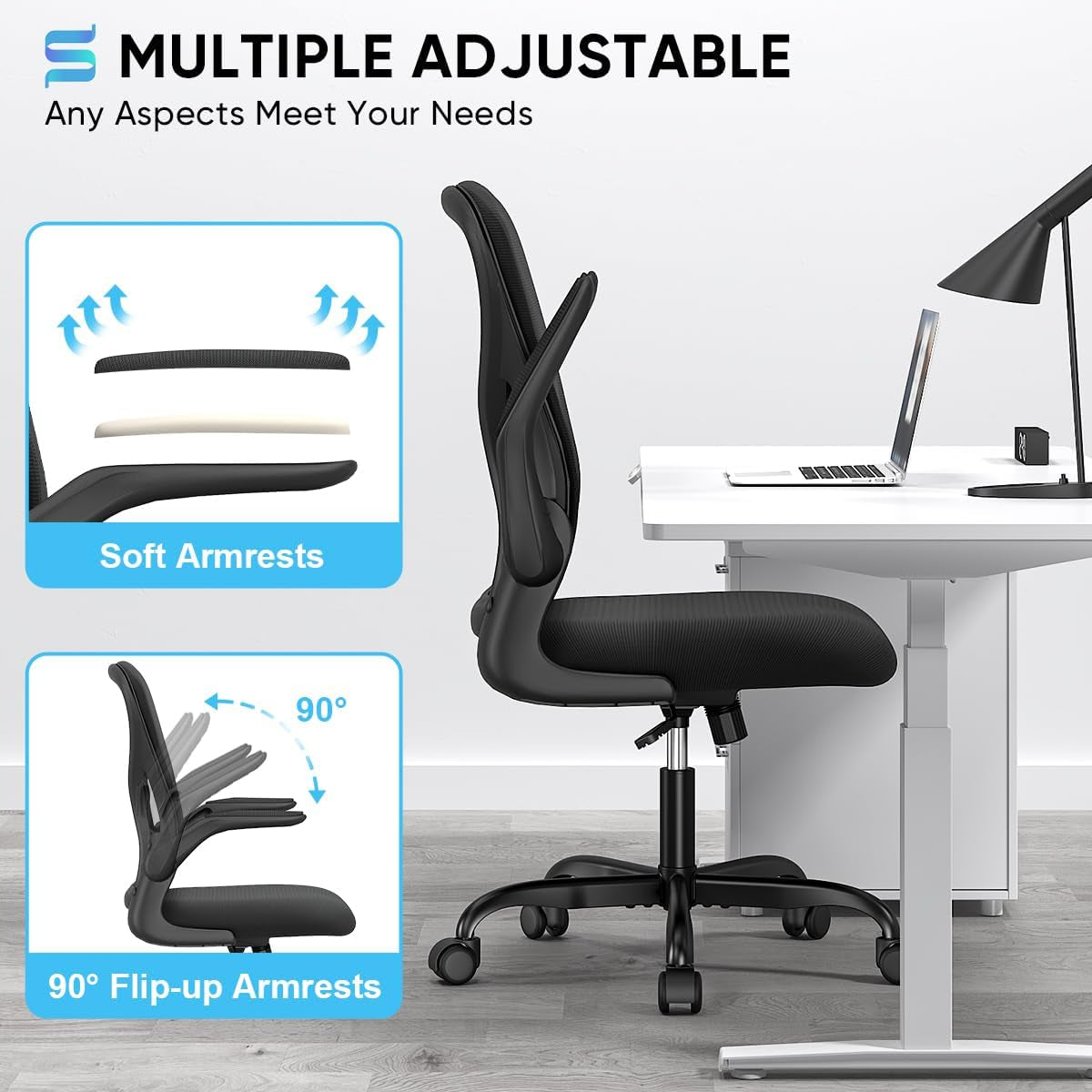Ergonomic Desk Chair with Padded Flip up Arms and Supportive Lumbar Support, Breathable Mesh Home Office Chair with Comfortable Cushion for Home or Office(Black)