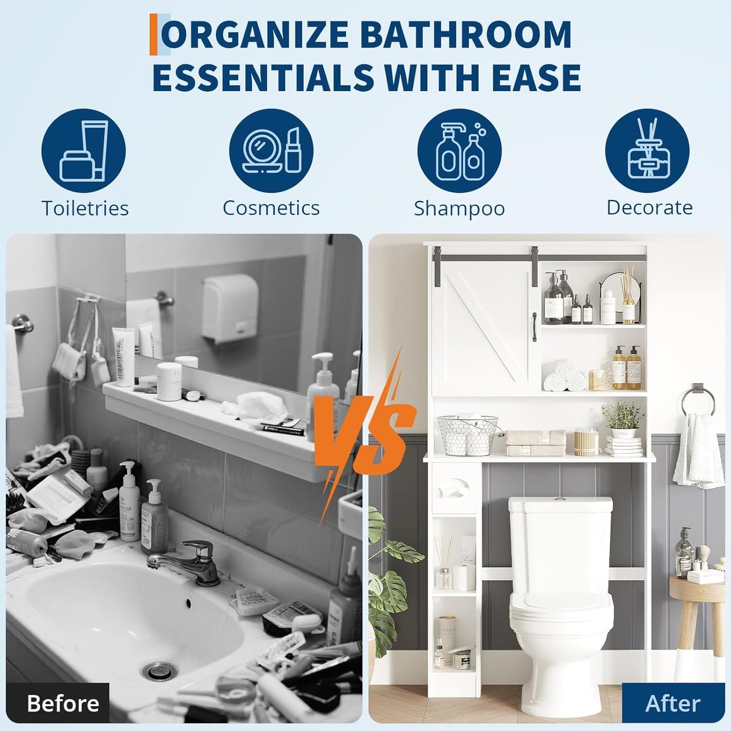 Over the Toilet Storage Cabinet with Barn Doors and Toilet Paper Stand, Tall Freestanding Bathroom Cabinet with Open Shelves, Space Saver Storage over Toilet Organizer for Restroom, White