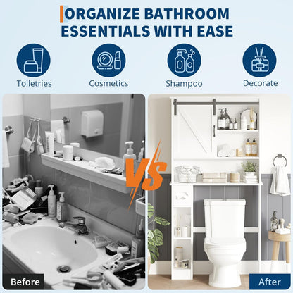 Over-The-Toilet Storage Cabinet, Bathroom Organizer with Double Doors, Adjustable Shelves, Space-Saving Toilet Shelf for Small Bathrooms, White, Freestanding Design