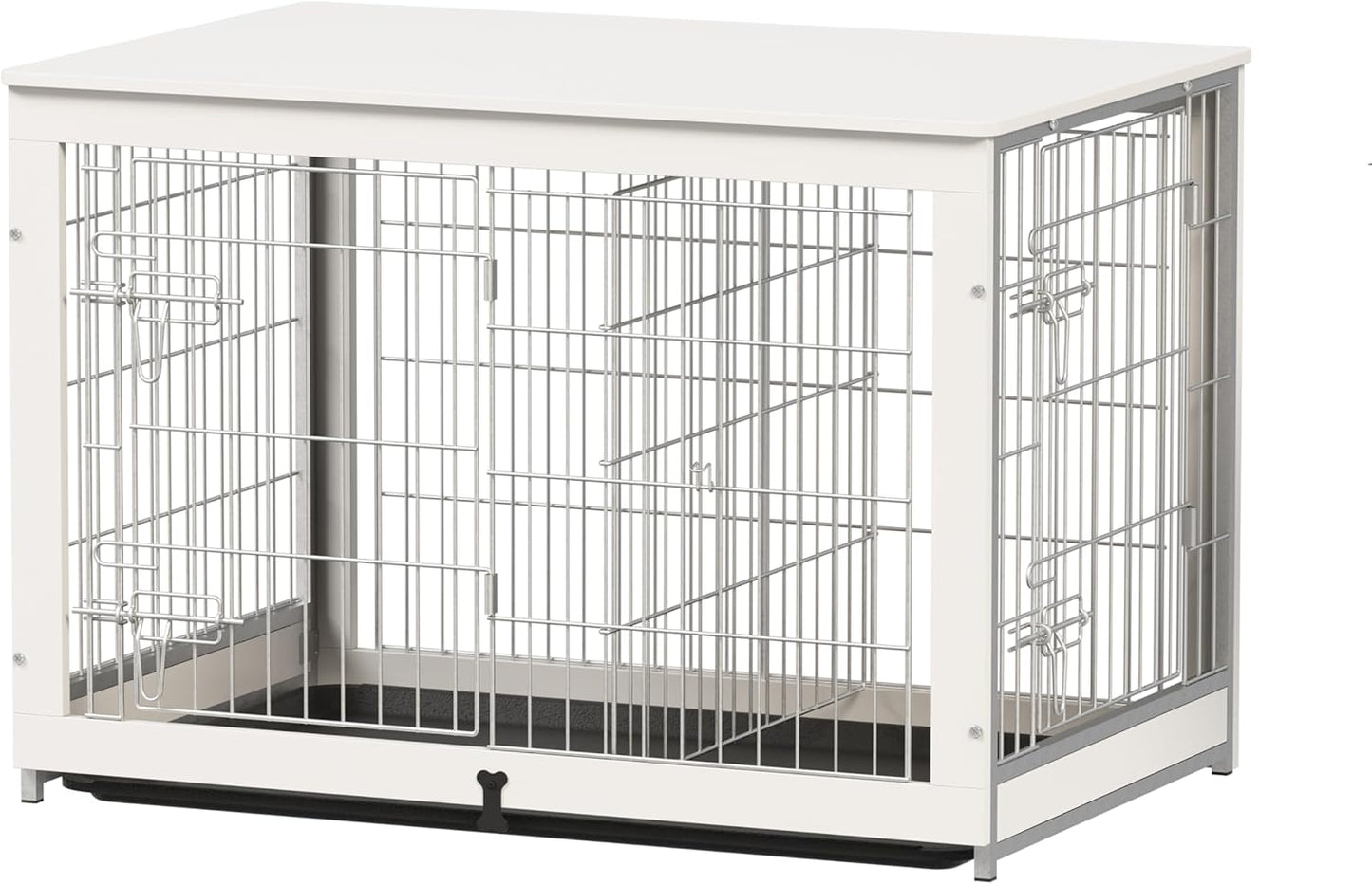 Wooden Dog Crate Furniture with Divider Panel, Dog Crate End Table with Fixable Slide Tray, Double Doors Dog Kennel Indoor for Dogs(L:37.8" L*25.1" W*26.3" H,White)