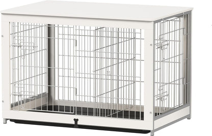 Wooden Dog Crate Furniture with Divider Panel, Dog Crate End Table with Fixable Slide Tray, Double Doors Dog Kennel Indoor for Dogs(Xl:43.2" L * 28.6" W * 30.3" H,White)