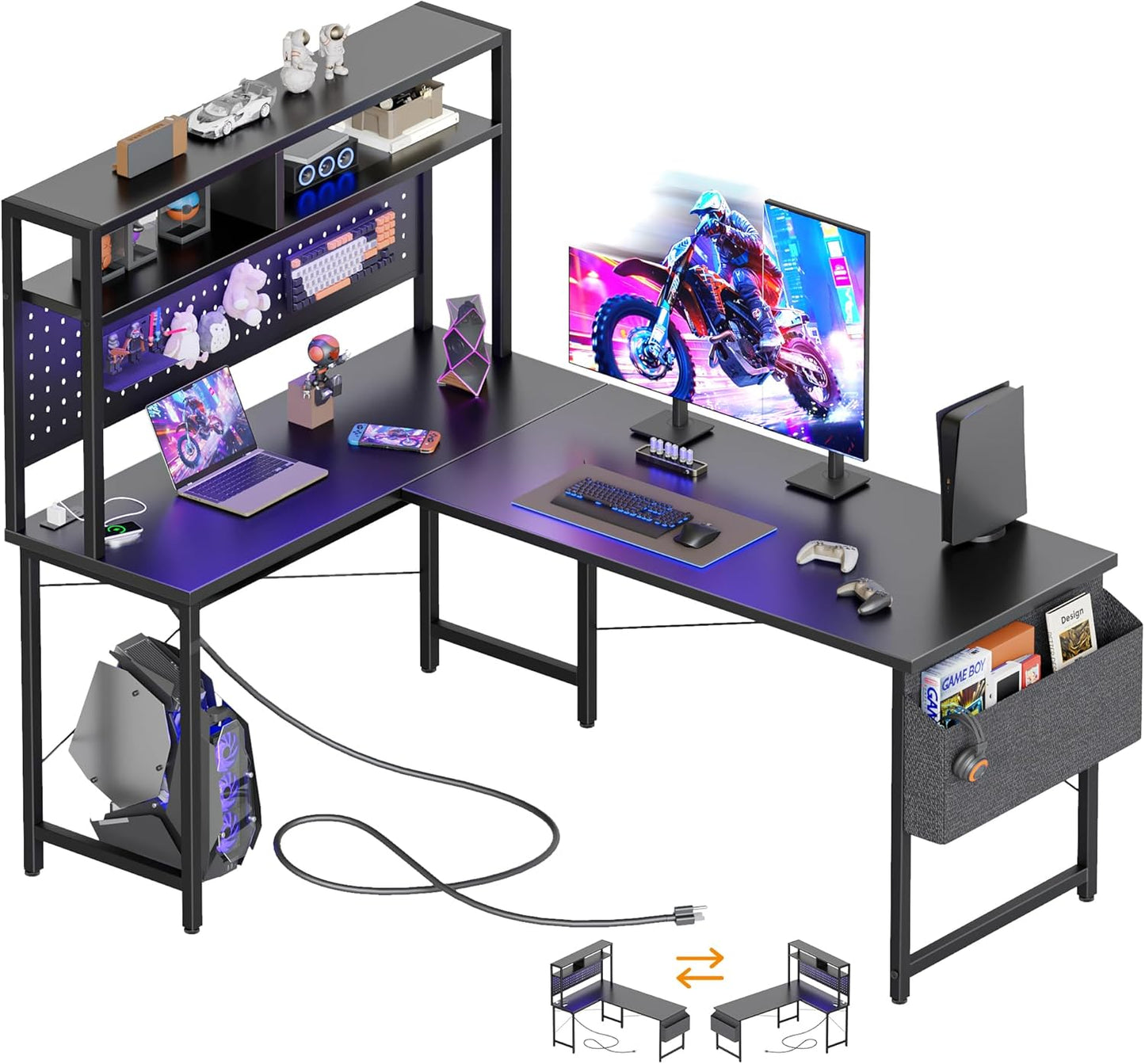 50 Inch Large Corner Gaming Desk with Pegboard Hutch & Shelves, L Shaped Desk with Power Outlet, LED Light & Storage Bag, Reversible Computer Desk for Home, Bedroom, Office Workspace, Black