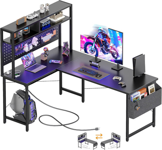 50 Inch Large Corner Gaming Desk with Pegboard Hutch & Shelves, L Shaped Desk with Power Outlet, LED Light & Storage Bag, Reversible Computer Desk for Home, Bedroom, Office Workspace, Black
