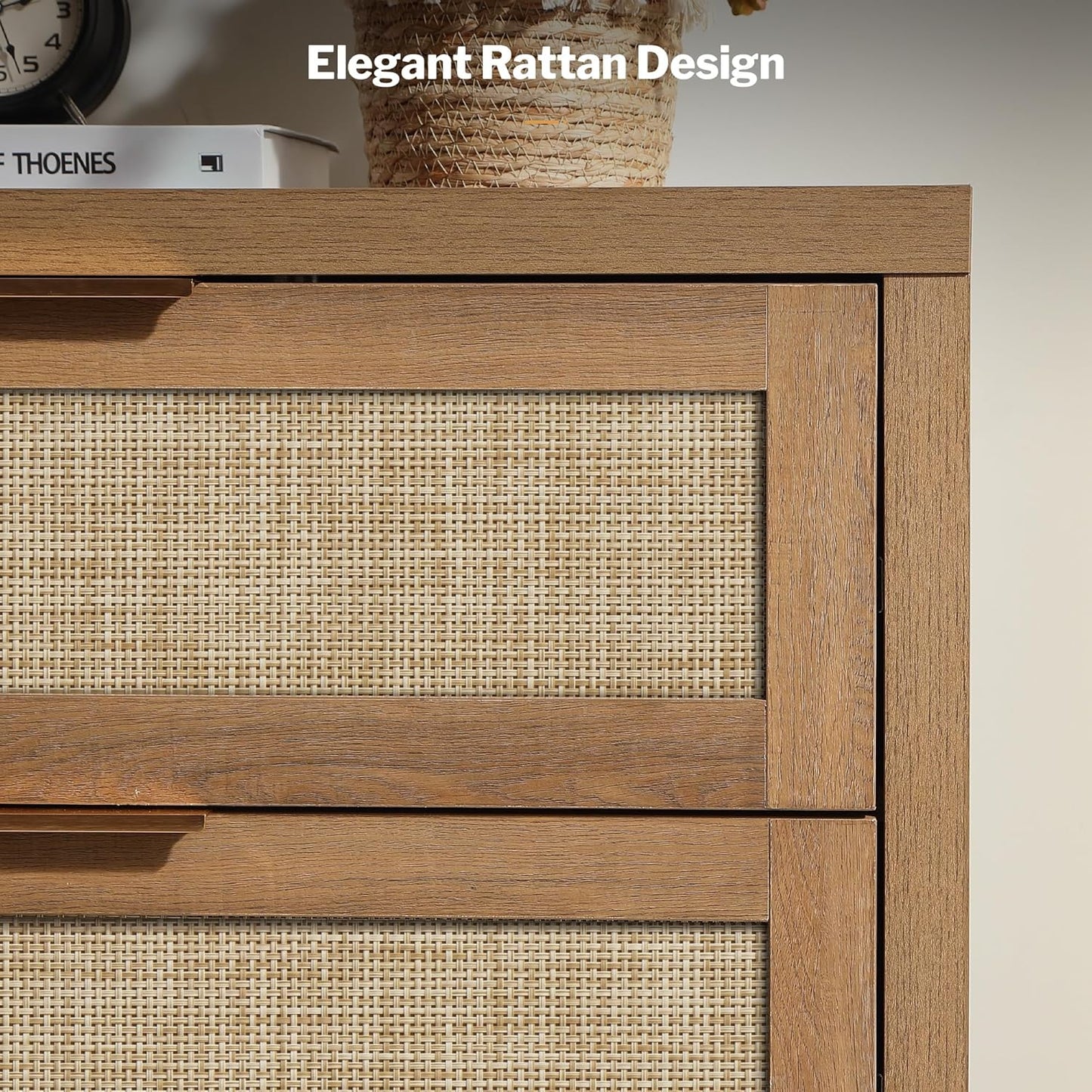 Rattan Dresser for Bedroom, 56.9" Wide 6 Drawer Dresser with Ample Storage, Dressers Large Chest of Drawers, Closet, Boho TV Stand for Bedroom (Reclaimed Caramel Oak, 1 Piece)