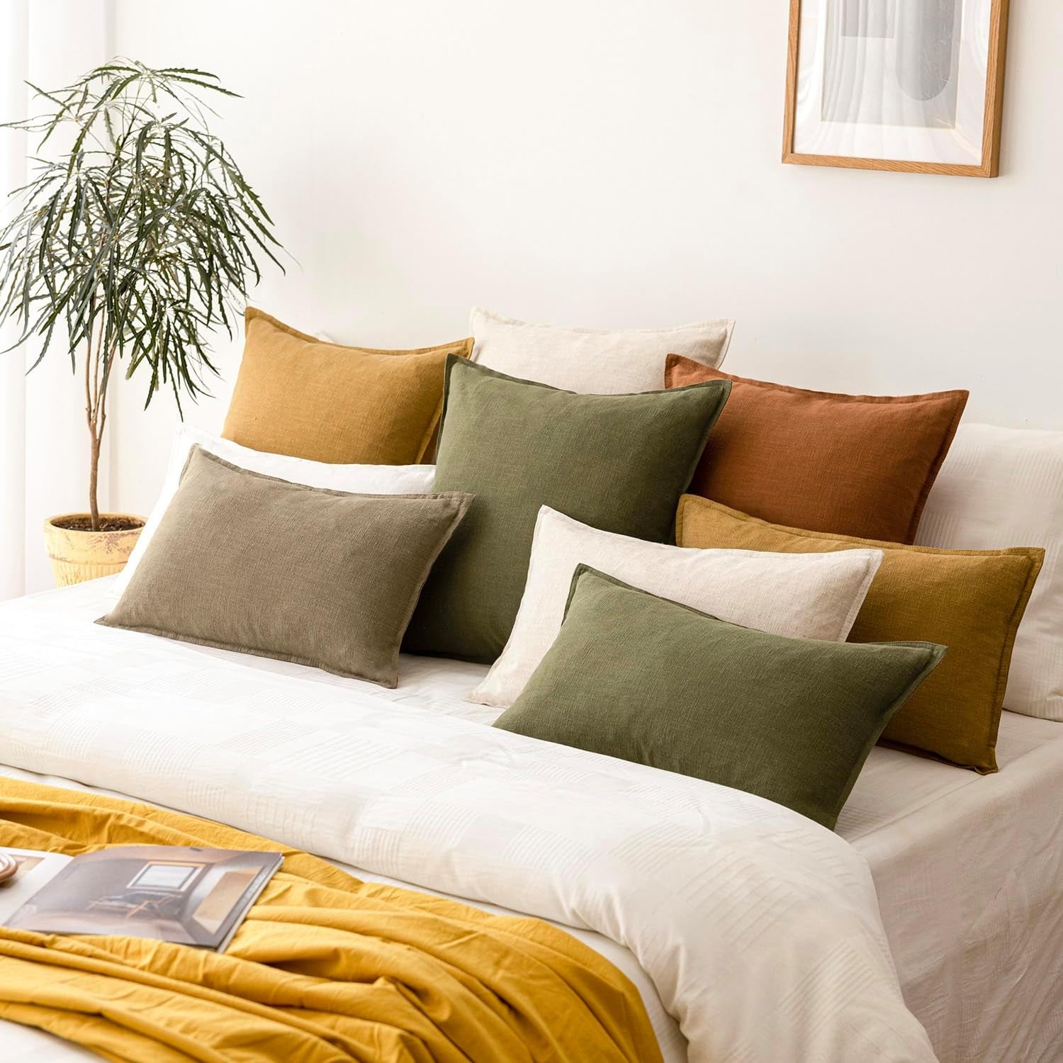 Pack of 2, Decorative Linen Soild Throw Pillow Covers Soft Accent Cushion Case Boho Farmhouse Neutral Pillowcase for Chair Couch Sofa Bedroom Living Room Home Decor 20 X 20 Inch Light Brown
