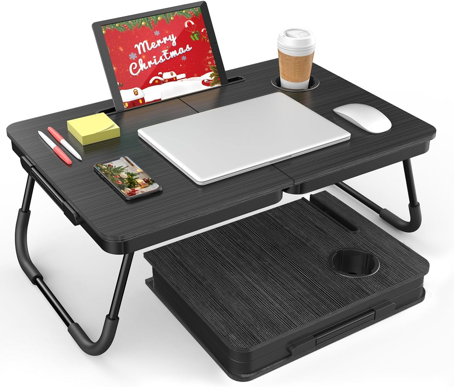 Portable Foldable Laptop Desk for Bed and Couch, Adjustable Lap Desk with Cup Holder and Phone Holder, Ideal for Working, Reading, Writing, and Breakfast (Black)