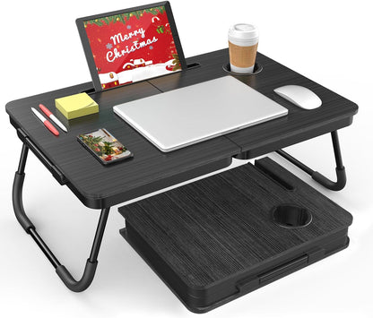 Portable Foldable Laptop Desk for Bed and Couch, Adjustable Lap Desk with Cup Holder and Phone Holder, Ideal for Working, Reading, Writing, and Breakfast (Black)