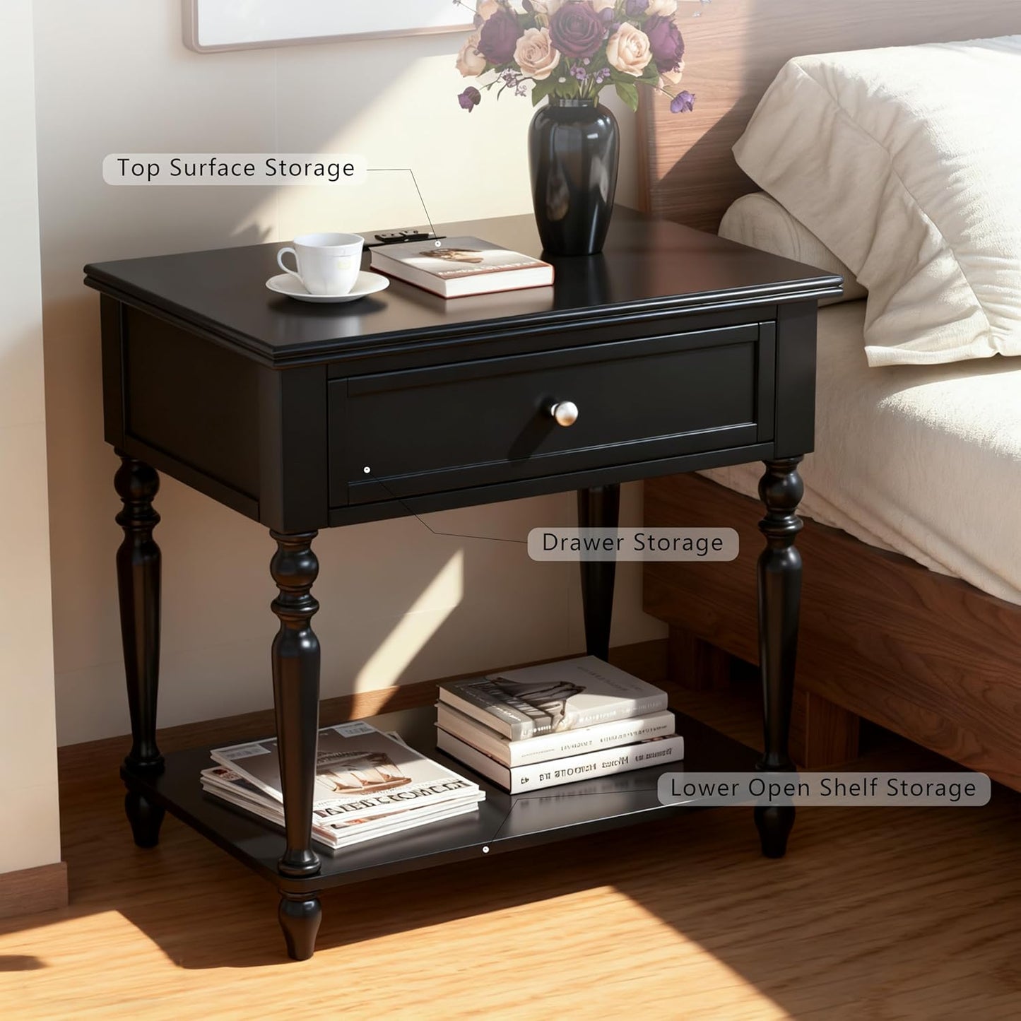 Solid Wood Nightstand with Charging Station, Traditional End Table with Drawers and Open Shelf, Bedside Table with Storage, Modern Side Table for Bedroom Set of 2, Black
