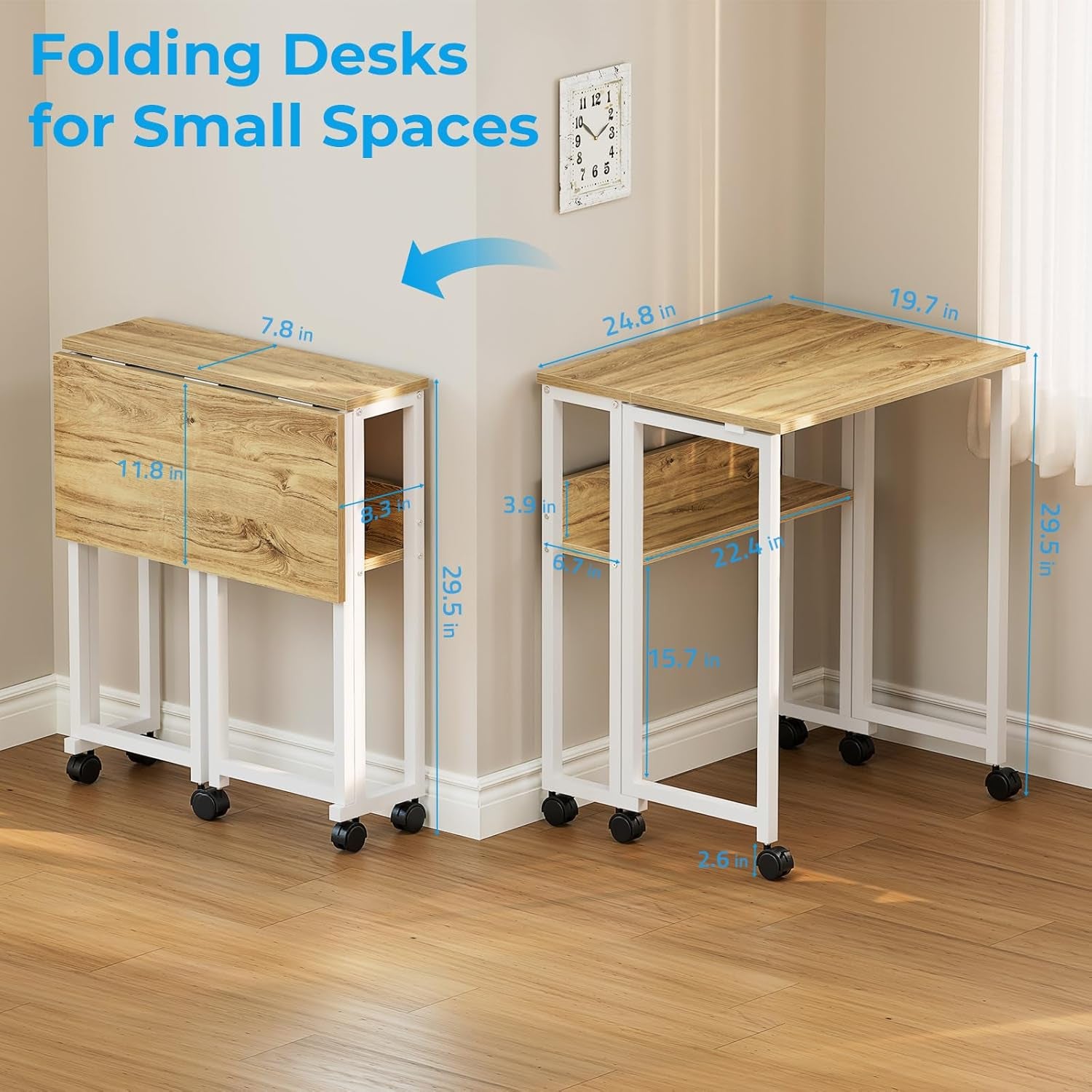 Folding Desk Small Rolling Desk with Storage Shelf,24.8 Inch Foldable Computer Desk with Wheels for Small Space,Easy Assembly,Oak