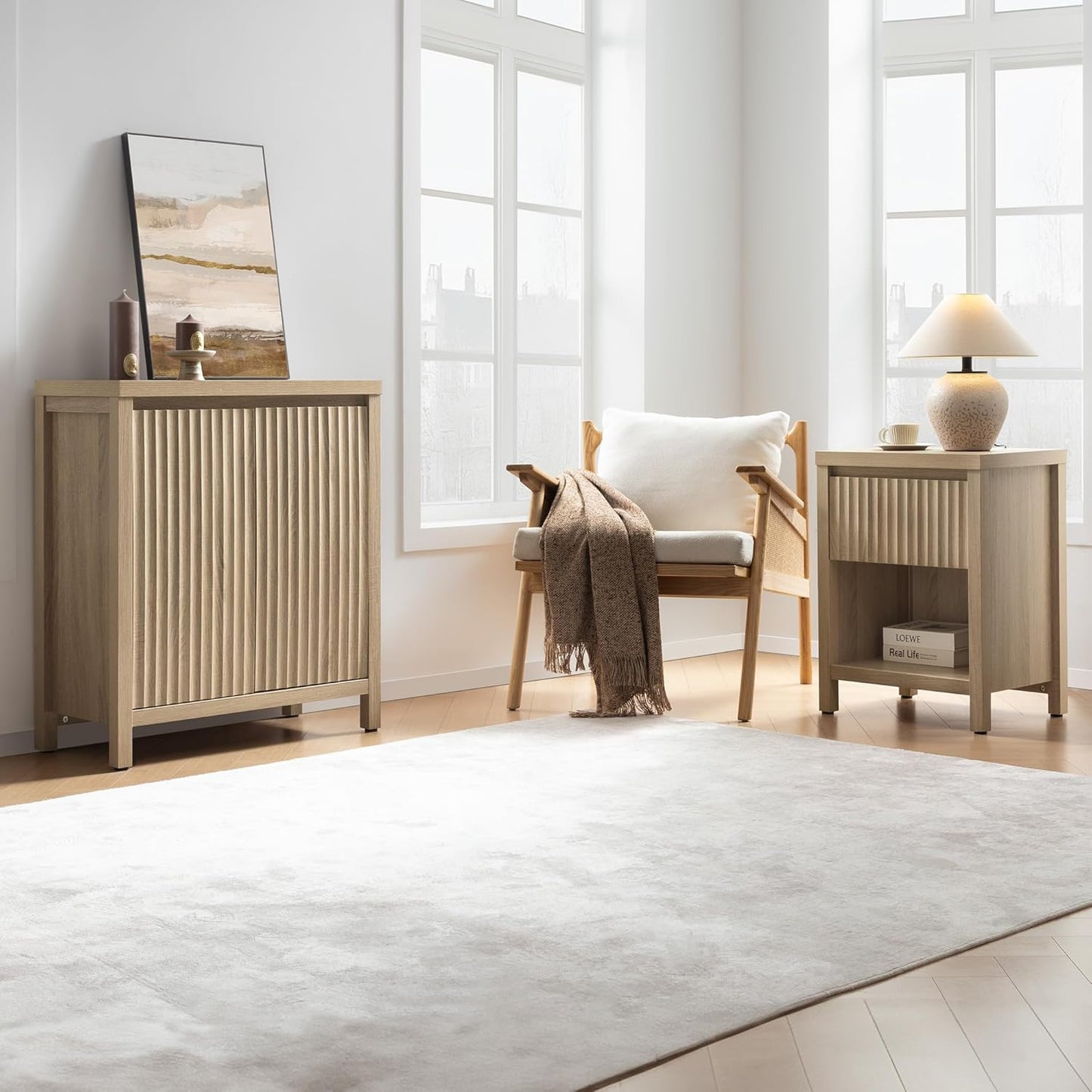 Fluted Night Stand Set of 2, Farmhouse Nightstands with Drawer, Boho Bedside Table with Storage Shelf, Large End Tables Bed Side Tables for Bedroom, Light Oak