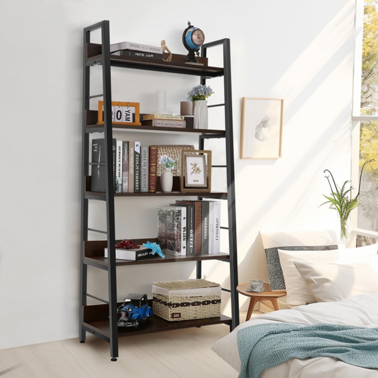 5 Tier Book Shelf, Rustic Industrial Ladder Bookshelf Wood Metal, Dark Brown Farmhouse 28'' Wide 59''Tall Ladder Shelf Living Room, Bedroom, Home Office