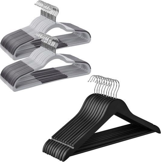 Plastic Hangers and Rubber Coated Wooden Hangers Bundle, Pack of 30 Hangers with Non-Slip Design, 20-Pack Clothes Wood Hangers, Gray, Silver and Black UCRP20G30 and UCRW011B02