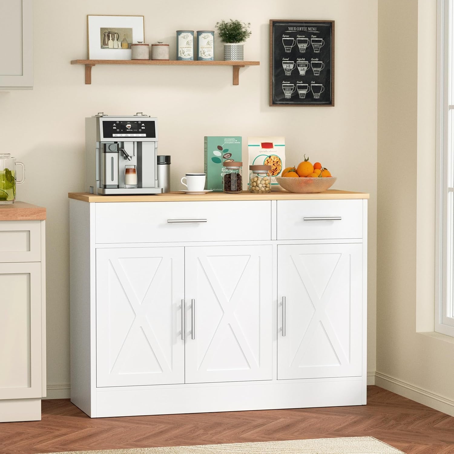 3 Doors Farmhouse Sideboard Buffet Cabinet,42" Barn Doors Buffet Cabinet with Storage,Wood Coffee Bar Cabinet with Adjustable Shelf for Kitchen,Living Room,White