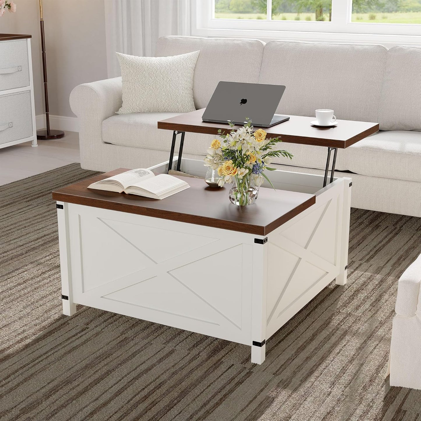 Hydraulic Lift Top Coffee Table with Hidden Storage, Farmhouse Industrial Style Accent Table, Sturdy Wood & Metal Construction, Safe Lift Mechanism, for Living Room Office