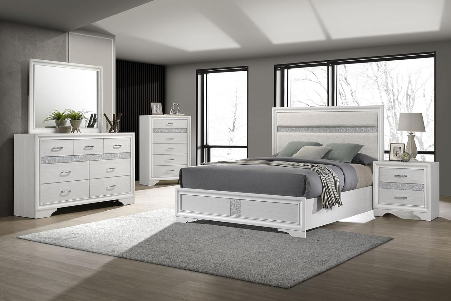 Home Furnishings Miranda Contemporary 5-Piece Bedroom Set Fabric Upholstered Eastern King Size Panel Bed Frame 54-Inch Headboard White 205110KE-S5