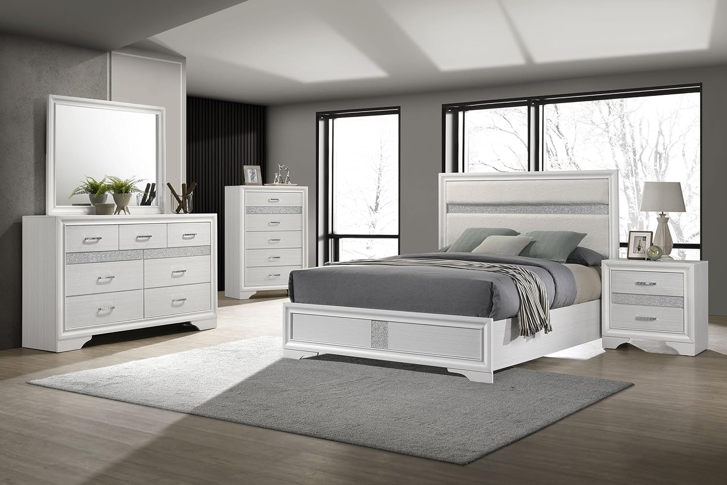 Home Furnishings Miranda Contemporary 5-Piece Bedroom Set Fabric Upholstered Eastern King Size Panel Bed Frame 54-Inch Headboard White 205110KE-S5