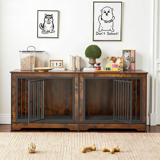 75" Double Dog Crate Furniture for 2 Large Dogs, Heavy Duty Furniture Style Dog Kennel End Table, Wood Crates for Dogs Kennel Indoor Double Door, Brown