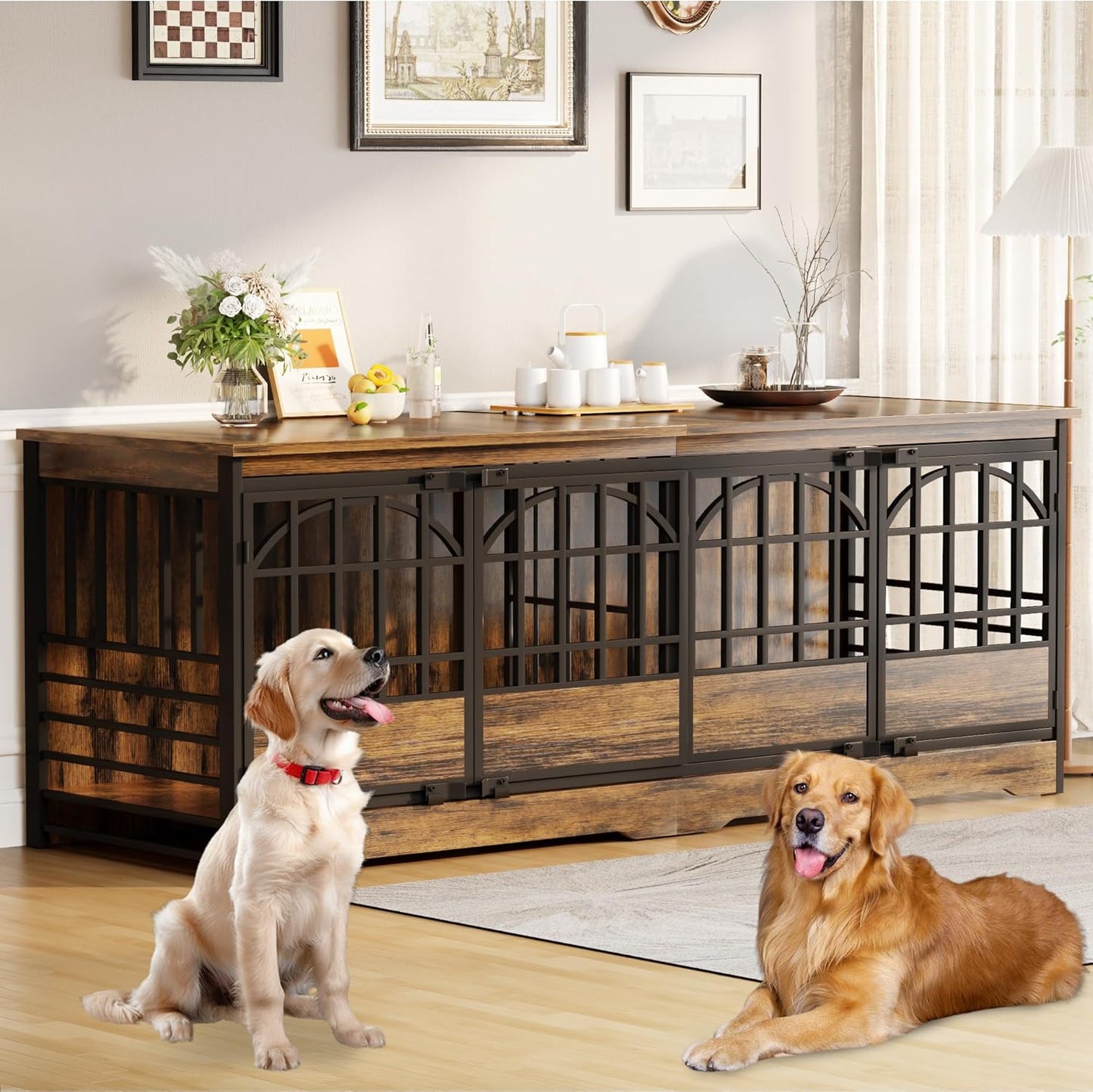 78 Inch Double Dog Crate Furniture, Extra Large Dog Kennel Indoor with Divider, Heavy Duty Dog Cage for 2 Dogs, Decorative Wooden Dog House Decorative Table TV Stand, Pet House for Xlarge Dogs,Brown
