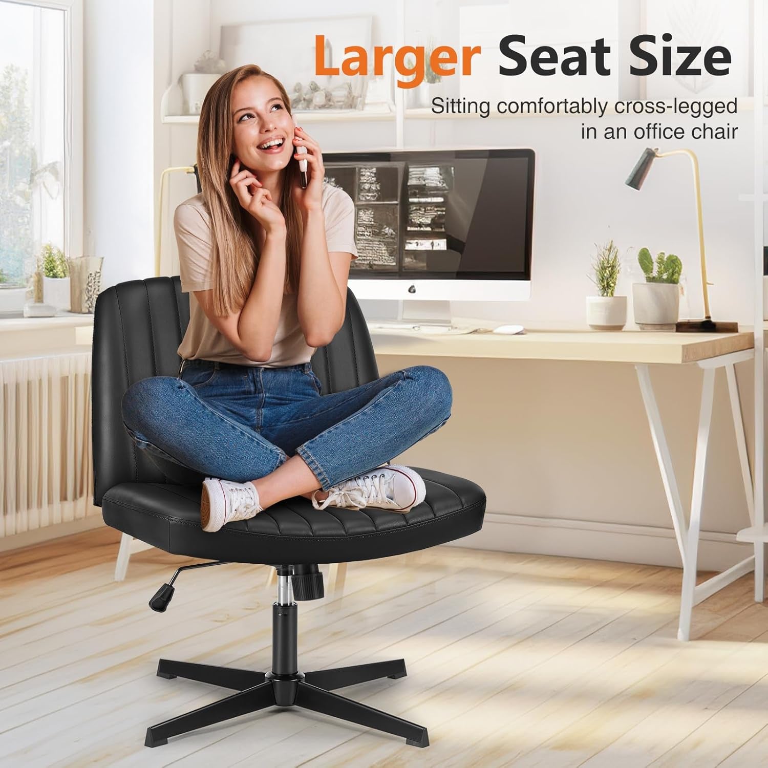 Criss Cross Chair Legged, PU Leather Armless Office Swivel Desk Chairs No Wheels, Vanity Height Adjustable Wide Seat Faux Leather Computer Task Chair for Home Bedroom, Pu-Black