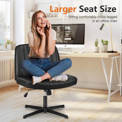 Criss Cross Chair Legged, PU Leather Armless Office Swivel Desk Chairs No Wheels, Vanity Height Adjustable Wide Seat Faux Leather Computer Task Chair for Home Bedroom, Pu-Black