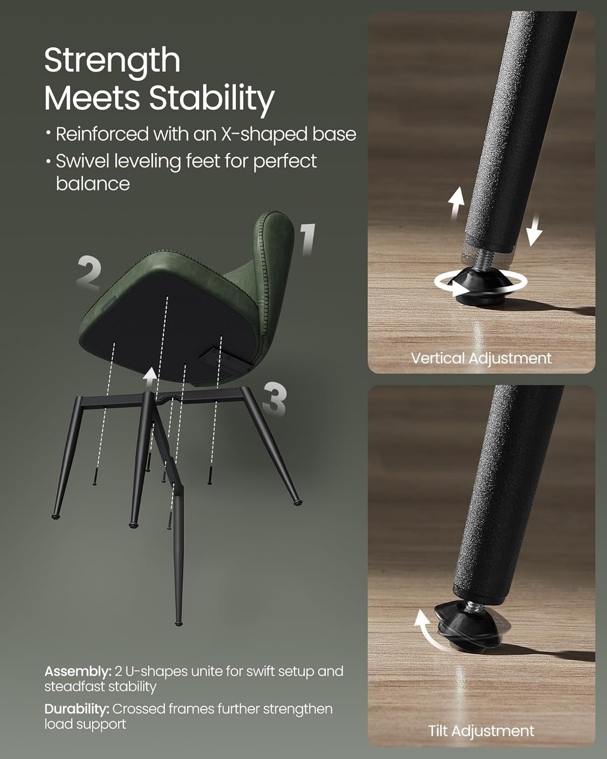 EKHO Collection - Dining Chairs Set of 2, Upholstered Kitchen Chairs, Comfortable Seat, Synthetic Leather with Stitching, Mid-Century Modern, Easy Assembly, Living Room Lounge, Forest Green