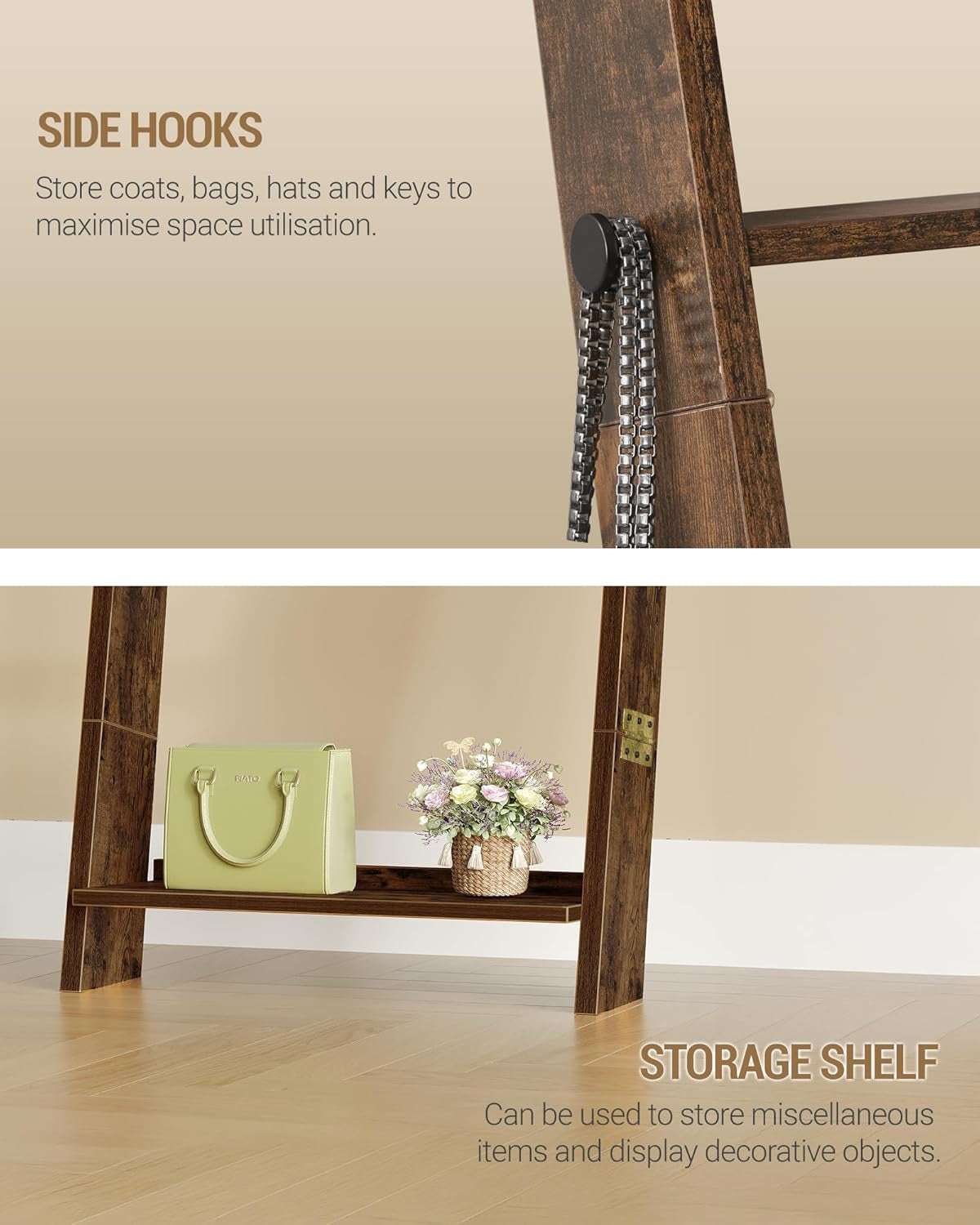 Blanket Ladder for Living Room, Decorative Quilt Rack with 4 Removable Hooks, 5-Tier Blanket Ladder Shelf for Bedroom,Rustic Brown BR30501X