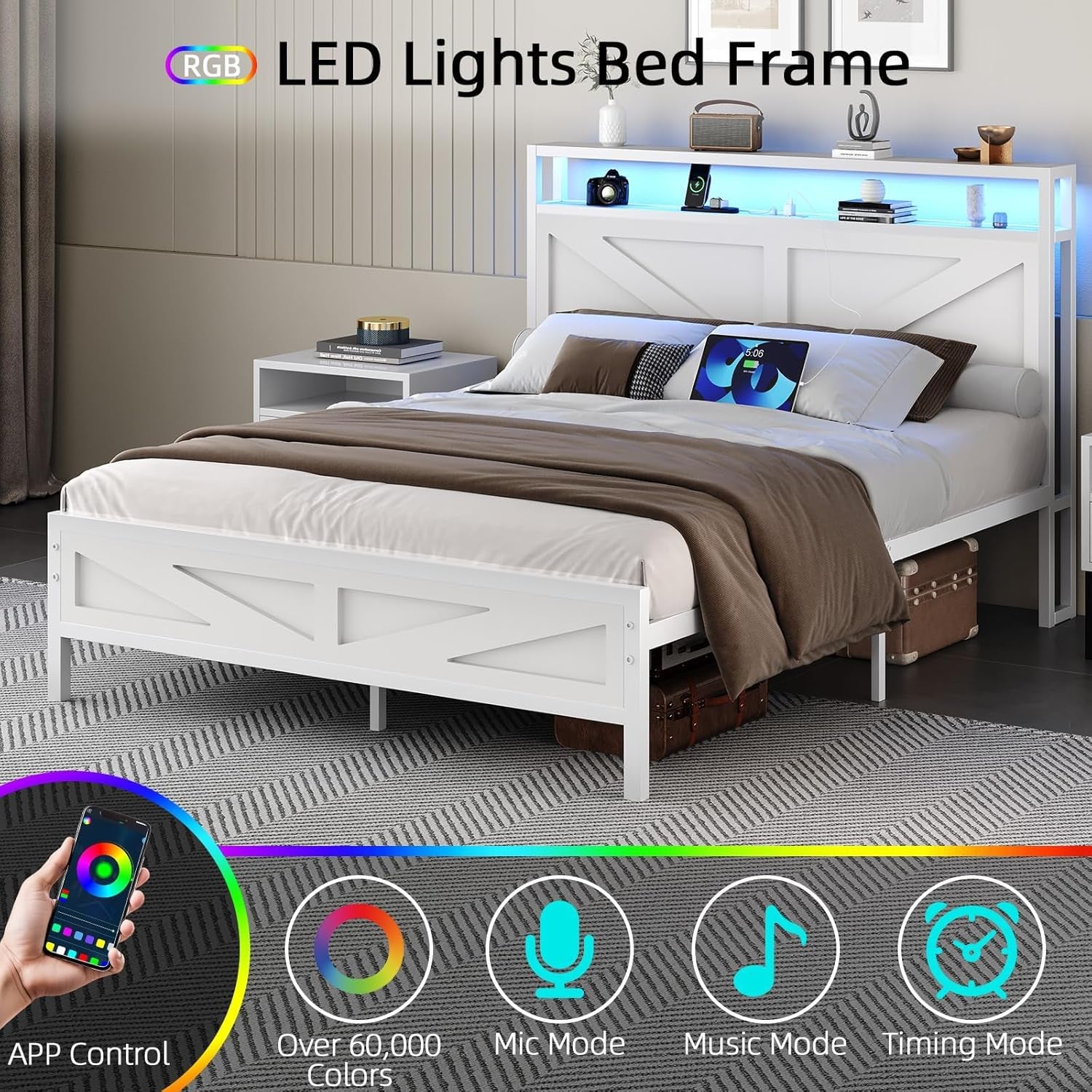 Queen Bed Frame with Headboard, Queen Bed Frames with Outlets and LED Lights, Rustic Bed Frame with Storage Headboard, Farmhouse Barn Door Design, Noise Free, No Box Spring Needed, White