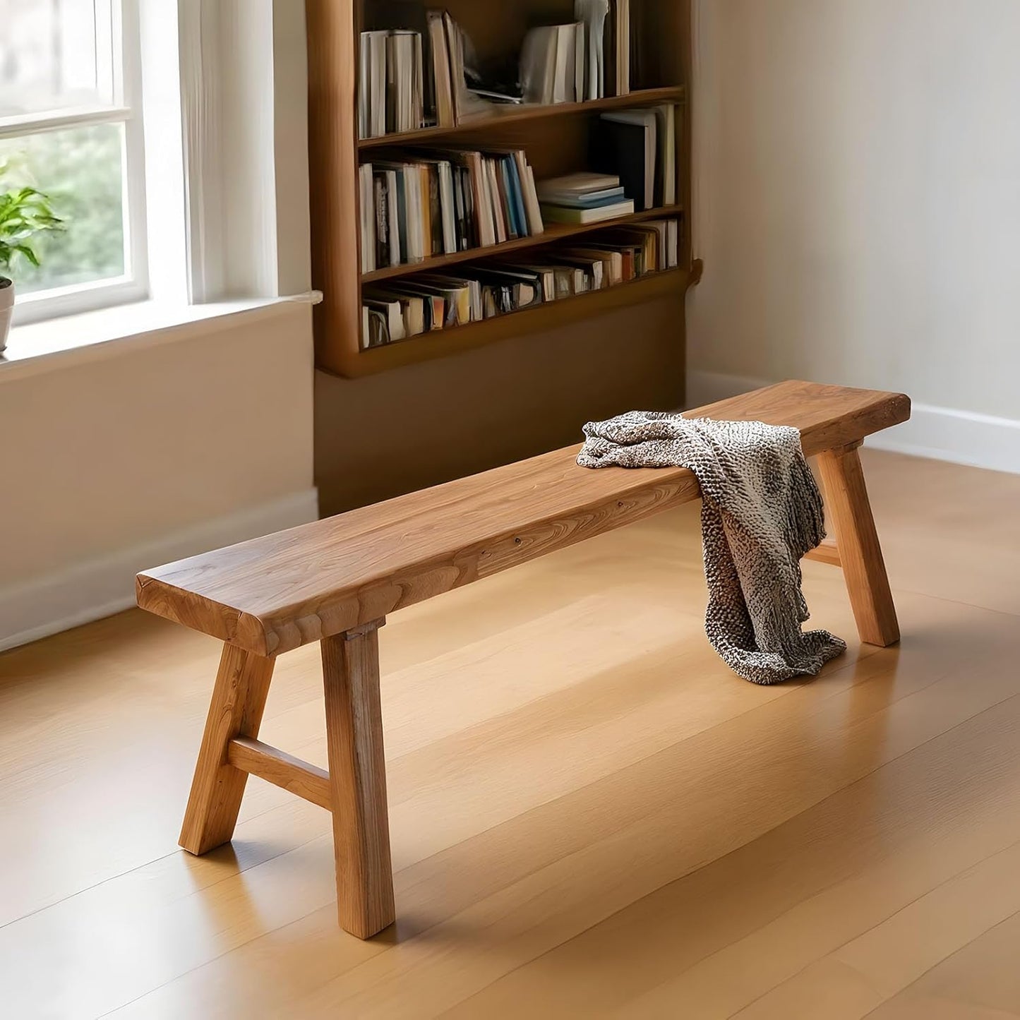 Farmhouse Indoor Wooden Living Room Dining Bench, Asian Natural Wood Kitchen Entryway Benc with Armless Design and Short Height, Solid Wood Shoe Bench Entryway Benches (31.5 * 10.2 * 17.7)