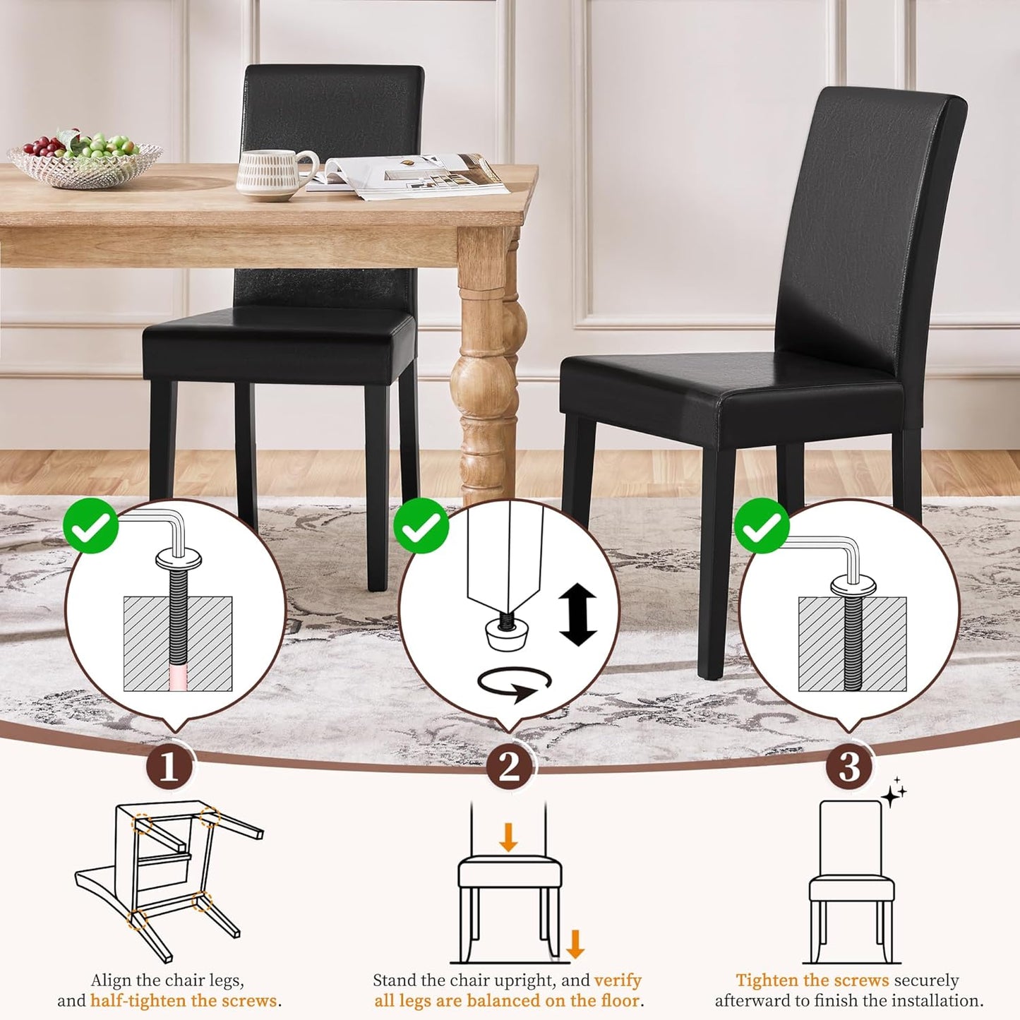 Dining Chairs Set of 4 PU Leather Upholstered Parsons Dining Chairs with Solid Wood Legs for Kitchen/Living Room/Restaurant, Modern Style, Black