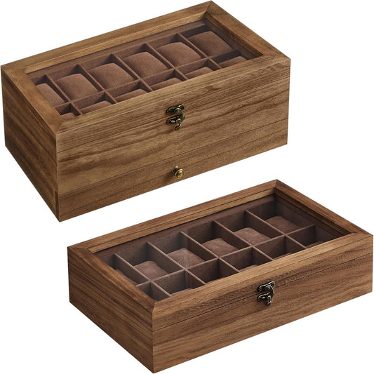 Watch Boxes Bundle, 12-Slot Watch Case, 2-Tier Watch Display Case, with Large Glass Lid, Solid Wood Watch Box Organizers, Gift for Loved Ones, Rustic Walnut UJOW120K01 and UJOW012K01