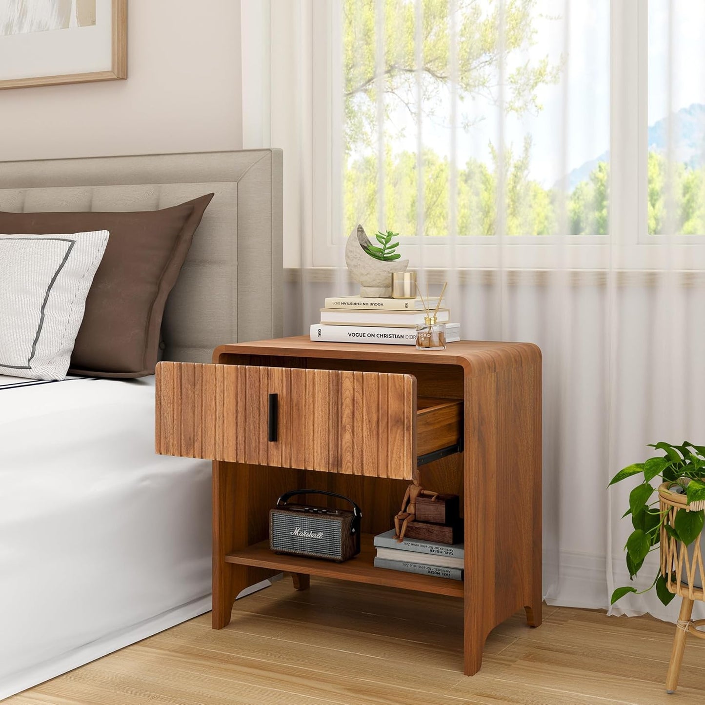 Fluted Night Stand Set of 2, Modern Nightstand Curved Profile, Drawer and Open Shelf - Bedside Table Wood Side Table Set for Bedroom (Walnut-2 Nightstands)