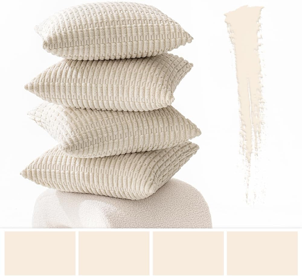Pack of 4 Cream White Corduroy Christmas Decorative Throw Pillow Covers 18X18 Inch Soft Boho Striped Pillow Covers Modern Farmhouse Home Decor for Sofa Living Room Couch Bed