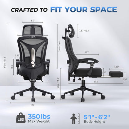 Ergonomic Office Chair with Footrest - Adjustable Lumbar Support & Headrest, 90-160° Reclining Mesh Back Computer Chair - Home Office/Gaming, 350Lbs Capacity