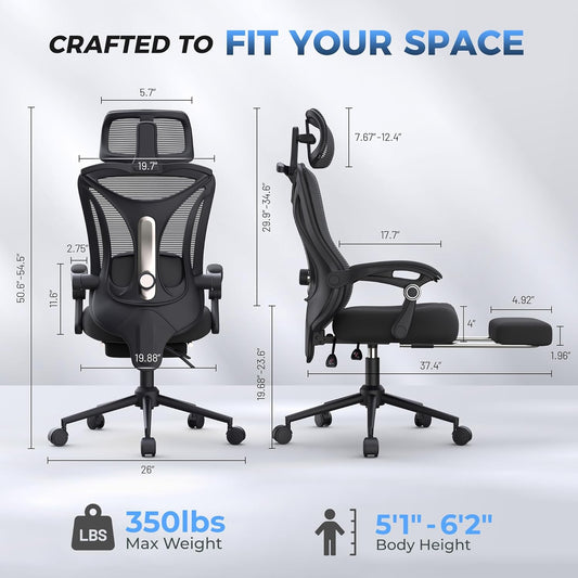 Ergonomic Office Chair with Footrest - Adjustable Lumbar Support & Headrest, 90-160° Reclining Mesh Back Computer Chair - Home Office/Gaming, 350Lbs Capacity