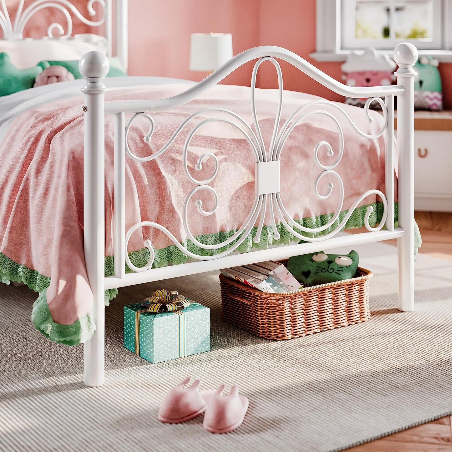 Twin Size Bed Frame for Kids,Metal Bed Frame with Butterfly Pattern Design Headboard & Footboard,No Box Spring Needed,Easy Assembly,White