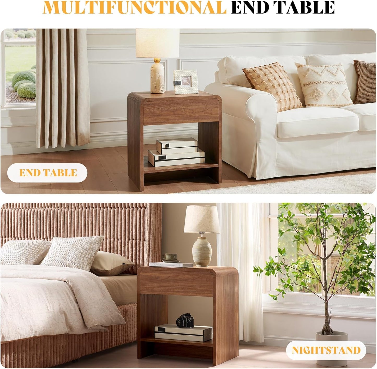 3-Piece Living Room Table Set, Includes Coffee Table & 2 End Tables, Modern Coffee Table Sets with Large Storage Drawers & Smooth Rounded Edges, Brown