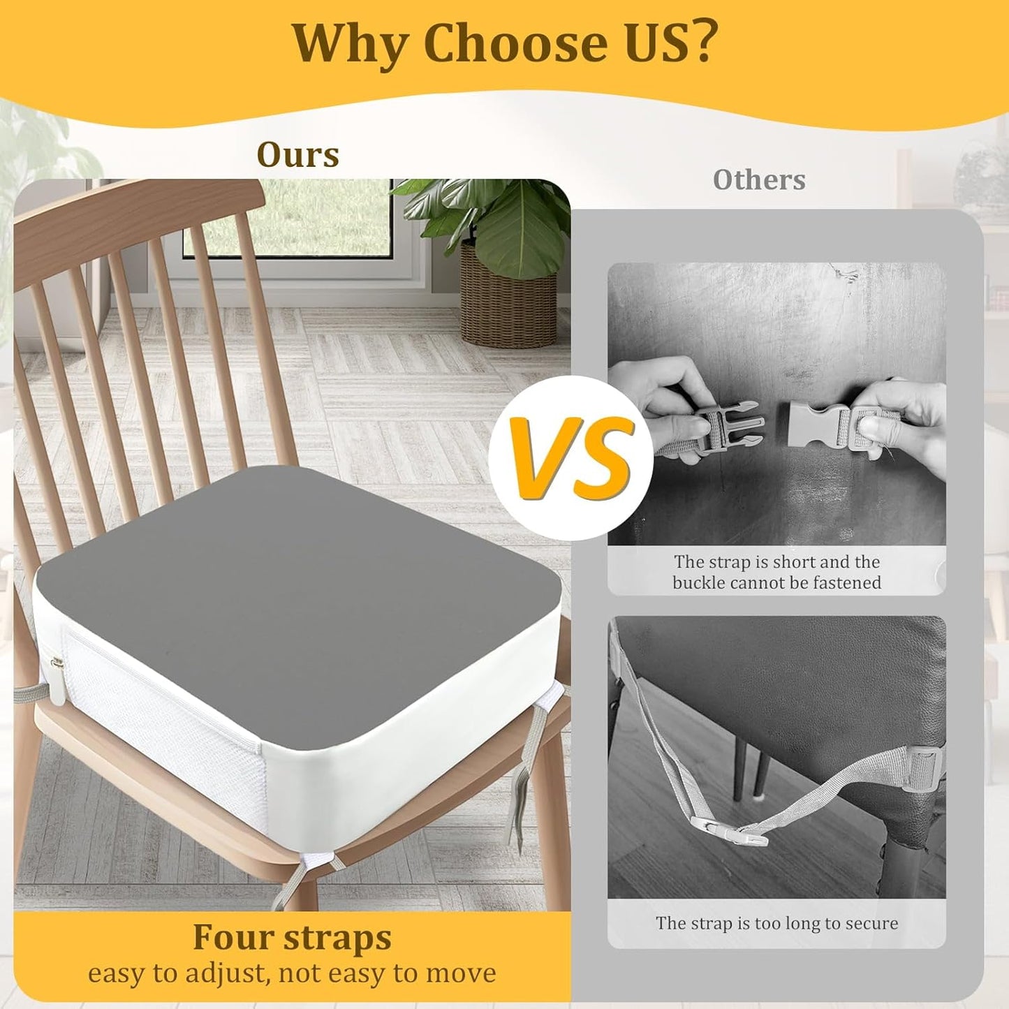 Booster Seat for Kitchen Chair - 4-Point Anchor 3.8" Lift Toddler Booster Seat for Dining Table with Side Pockets, Non-Slip & Portable Dining Cushion for Kids (Grey)