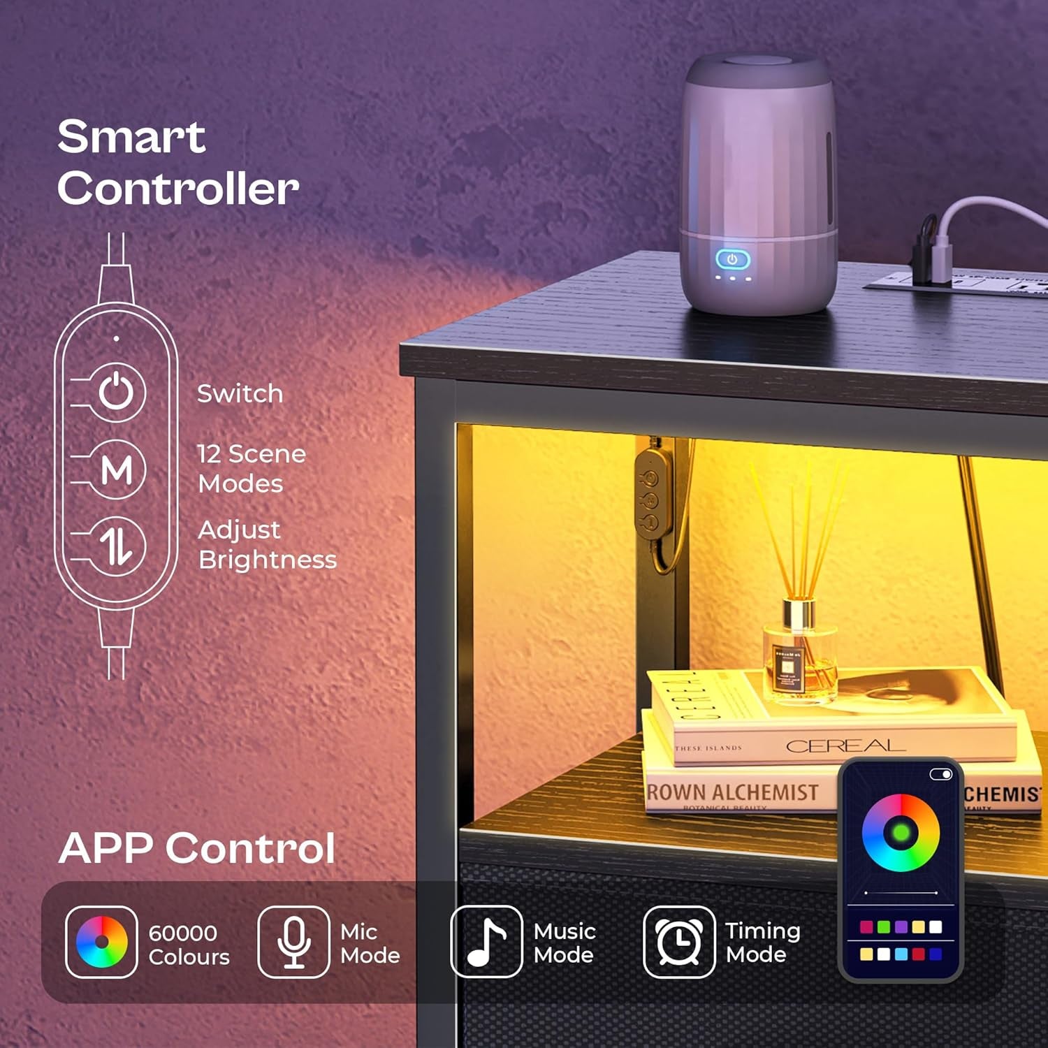 Night Stand with Charger Station and LED Lights, 2 Drawer Nightstand, Bed Side Table with Open Shelf, End Table, Fabric Dresser for Bedroom, Black