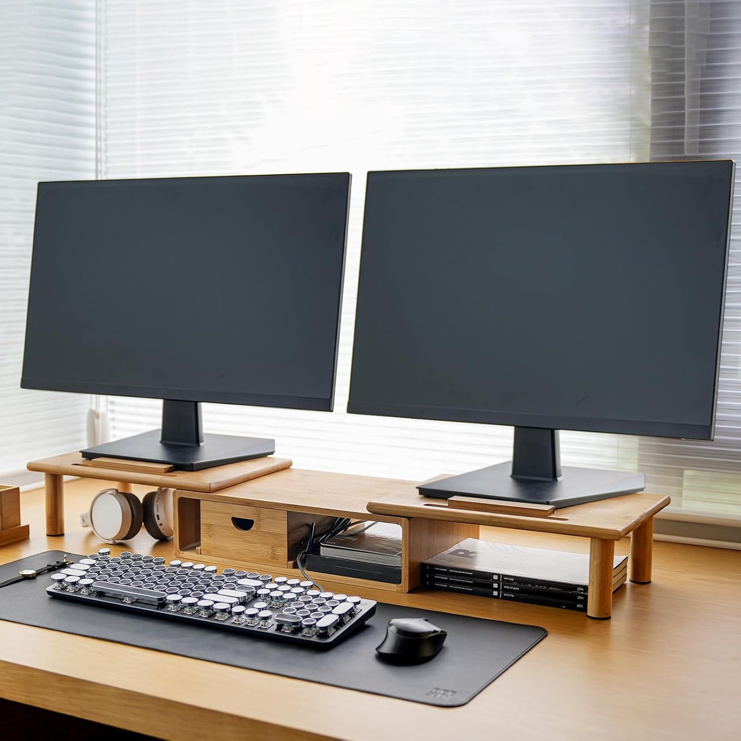 Dual Monitor Stand Riser with Drawer for Desk Laptop Desk Shelf with Adjustable Length and Angle, Bamboo Computer Stand Riser for 2 or 3 Monitors Screen Laptop PC TV -Natural