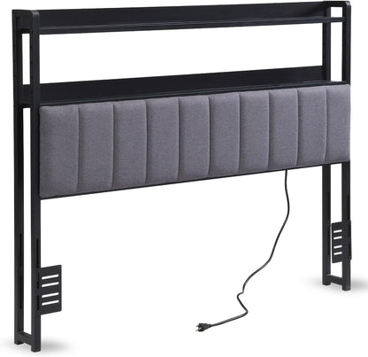 Headboard for Queen Size Bed with 2-Tier Storage, Upholstered Headboards with Outlets, USB Ports and LED Light,Head Board Only, Height Adjustable, Sturdy and Stable (Queen)
