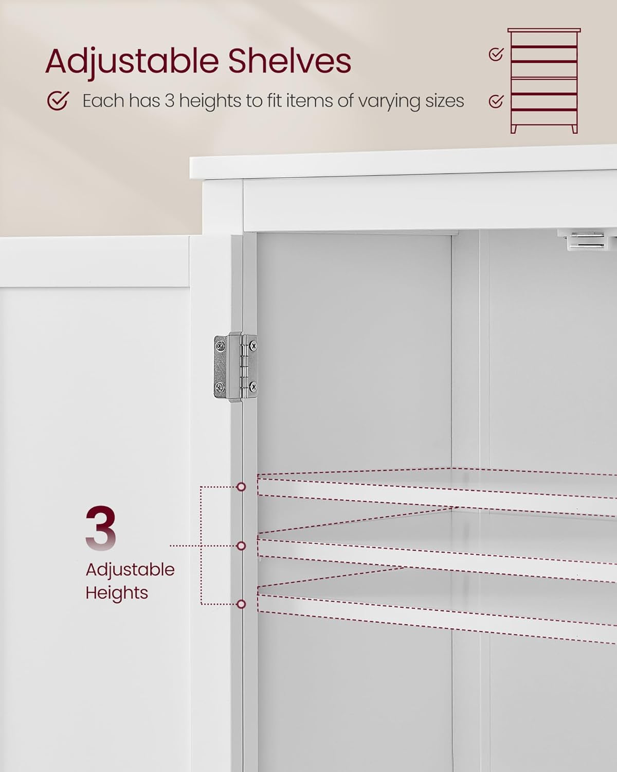 Tall Corner Cabinet, Bathroom Storage Cabinet with 2 Doors and 4 Adjustable Shelves, for Bathroom, Kitchen, Living Room, Modern Farmhouse Design, White UBBC541P31