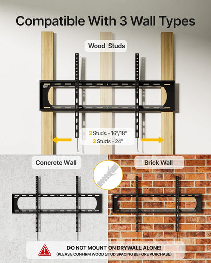 Heavy Duty Fixed TV Wall Mount Bracket for 60–120" Flat & Curved Tvs up to 300Lbs, 4× Load Tested, Ultra Slim 1.3" Low Profile, Max VESA 900X600, Quick-Release Lock, Fits 16"/18"/24" Wood Studs