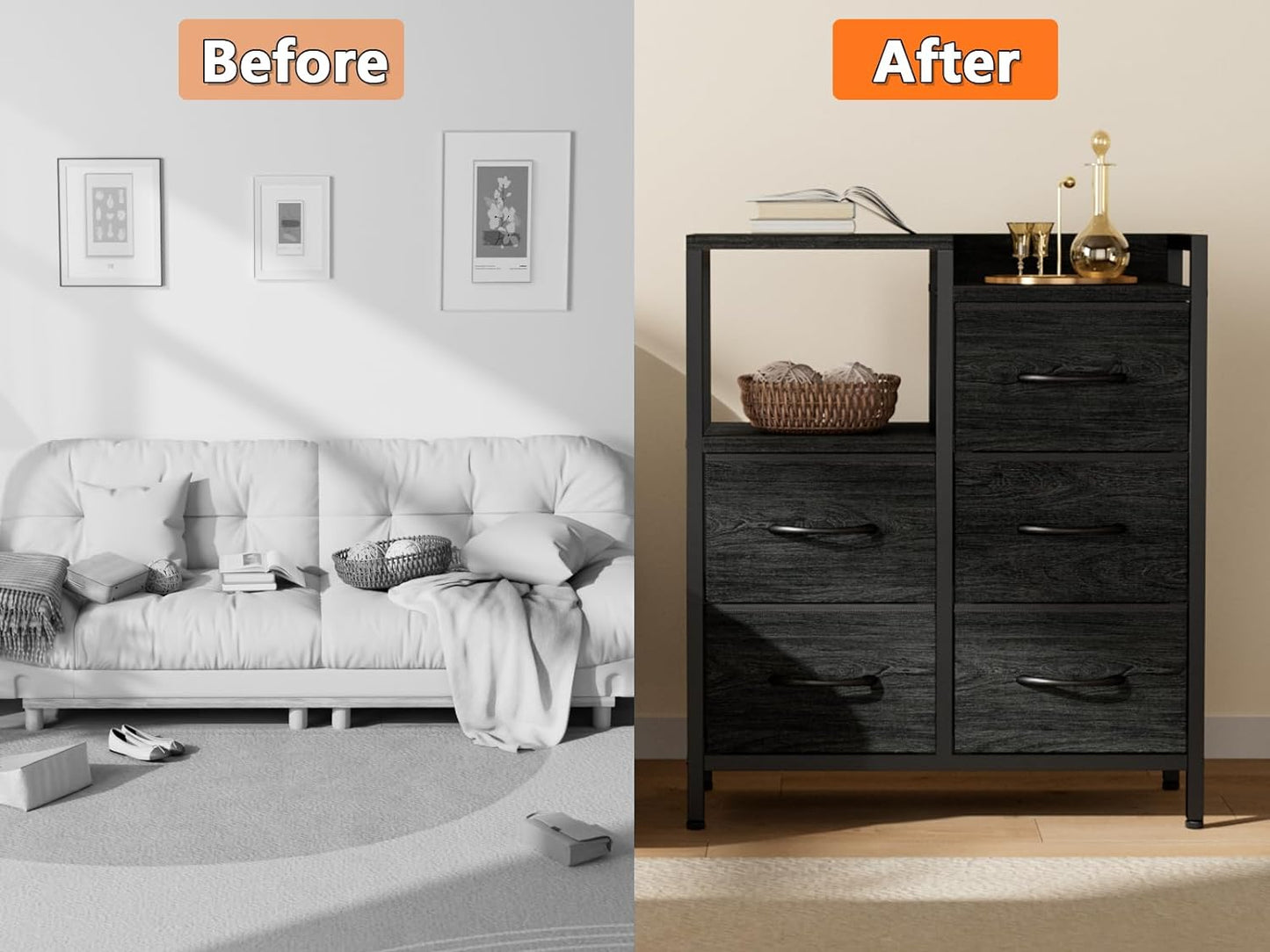 5 Drawer Black Dressers for Bedroom 2 Tier Shelf Storage Small Fabric Dresser for Closet Sturdy Metal Frame Modern Style Storage Cabinets Organization Units for Hallway Rooms