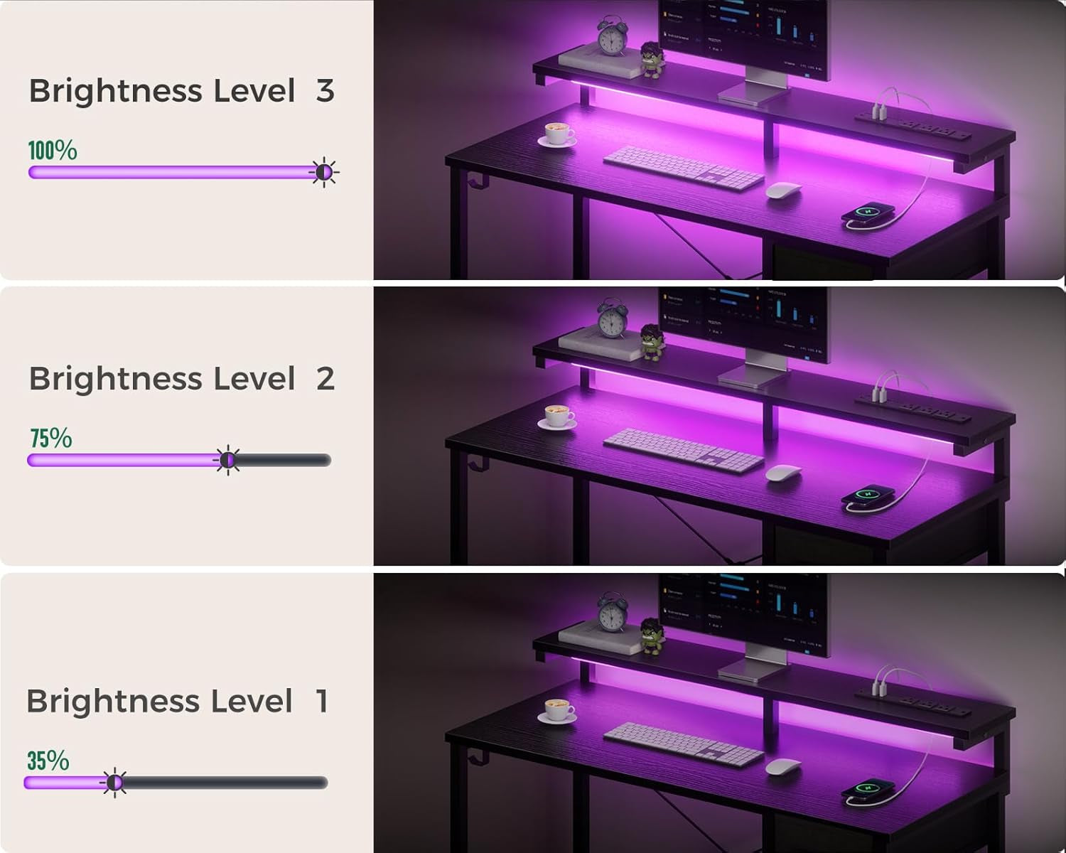 Gaming Desk with LED Lights & Power Outlet, 40 Inch Computer Desk with Drawer, Reversible Small Desk with Monitor Stand & Headphone Hook for Home Office, Black