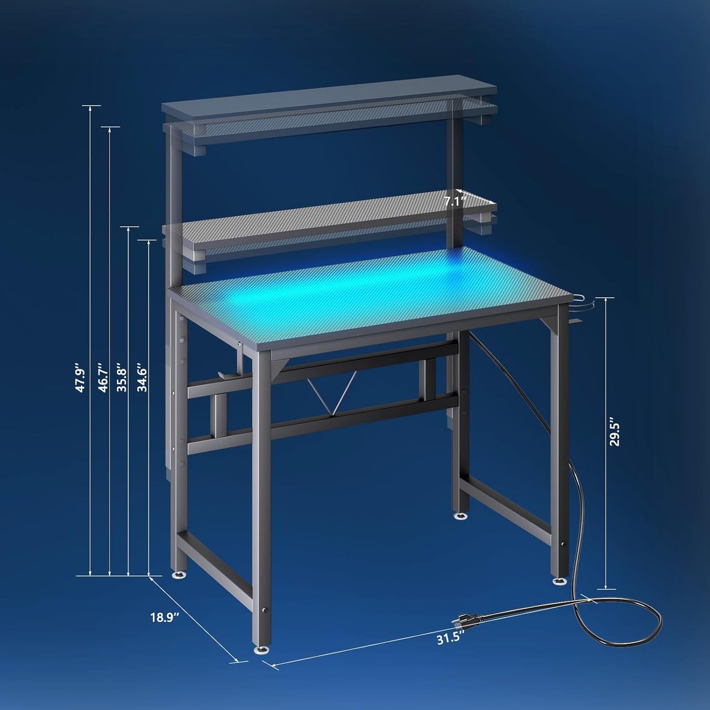 Gaming Desk with Power Outlets & LED Strip Lights,80Cm Industrial Writing Desk with Adjustable Monitor Stand, Cupholder and Headphone Hook for Home Office Black