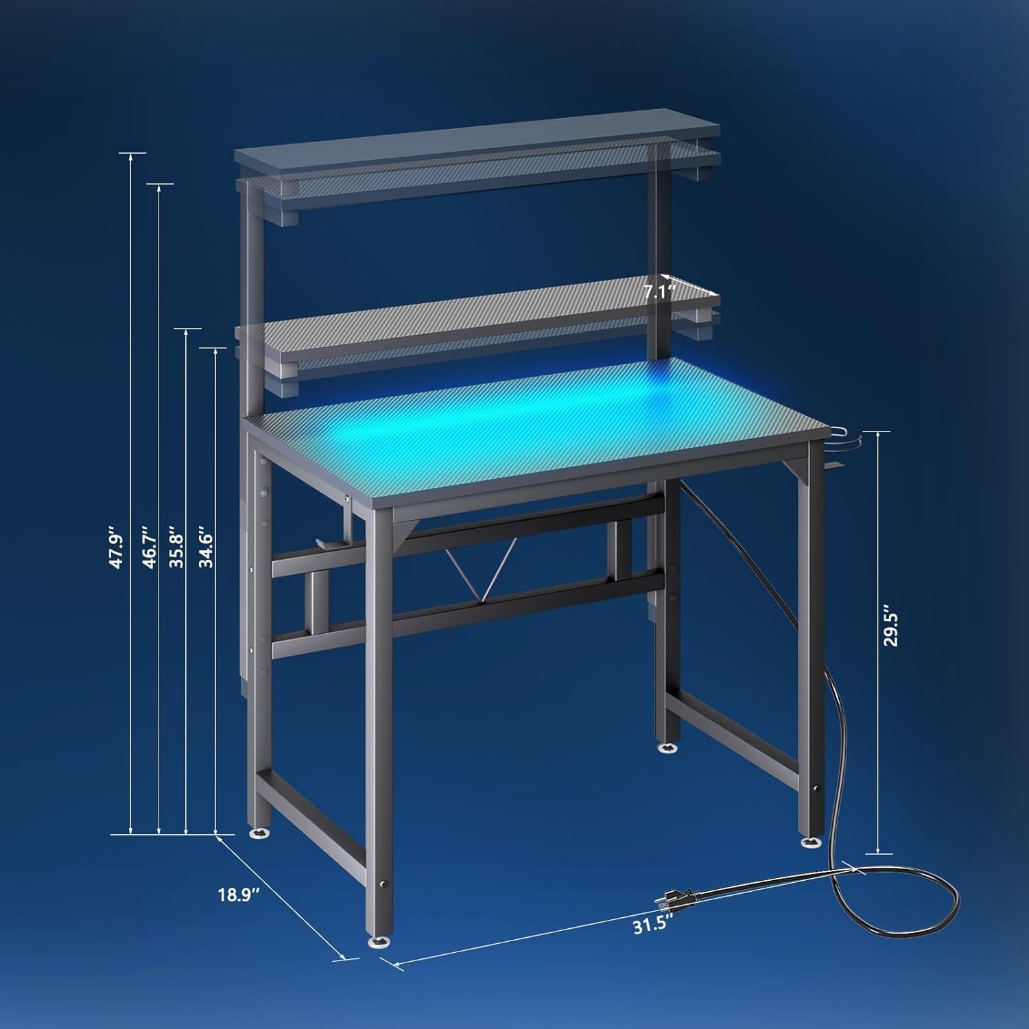 Gaming Desk with Power Outlets & LED Strip Lights,80Cm Industrial Writing Desk with Adjustable Monitor Stand, Cupholder and Headphone Hook for Home Office Black
